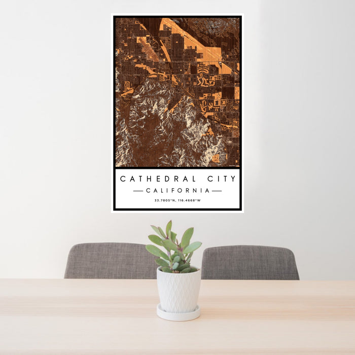 24x36 Cathedral City California Map Print Portrait Orientation in Ember Style Behind 2 Chairs Table and Potted Plant