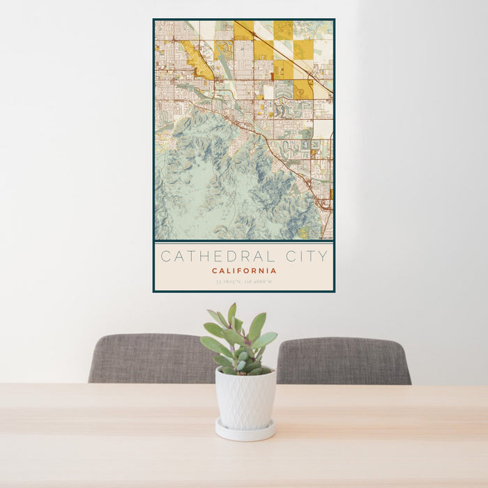 24x36 Cathedral City California Map Print Portrait Orientation in Woodblock Style Behind 2 Chairs Table and Potted Plant