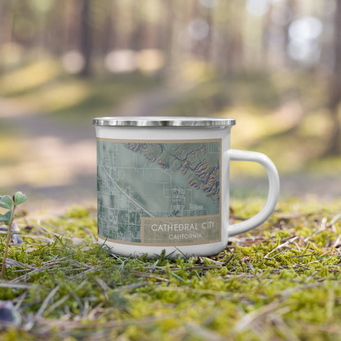 Right View Custom Cathedral City California Map Enamel Mug in Afternoon on Grass With Trees in Background