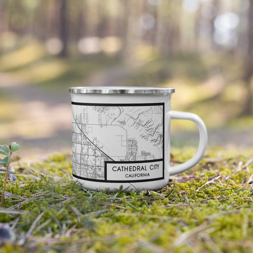 Right View Custom Cathedral City California Map Enamel Mug in Classic on Grass With Trees in Background