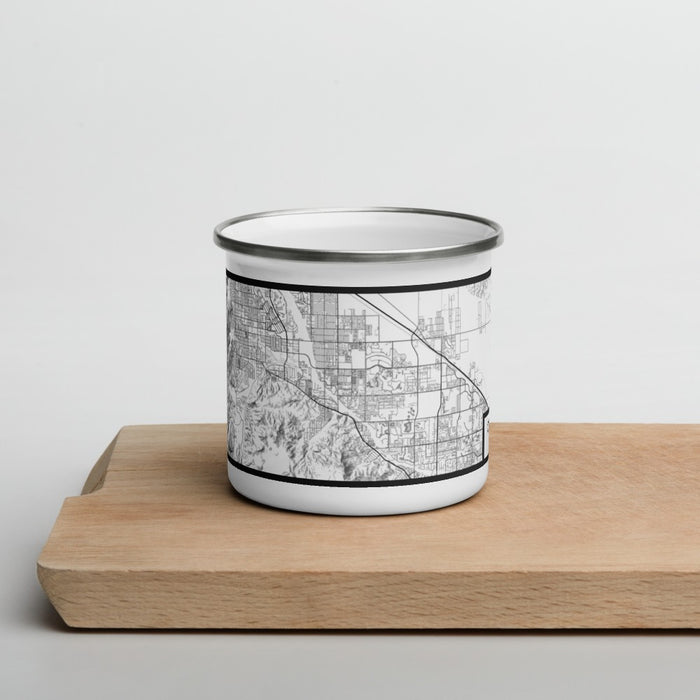 Front View Custom Cathedral City California Map Enamel Mug in Classic on Cutting Board
