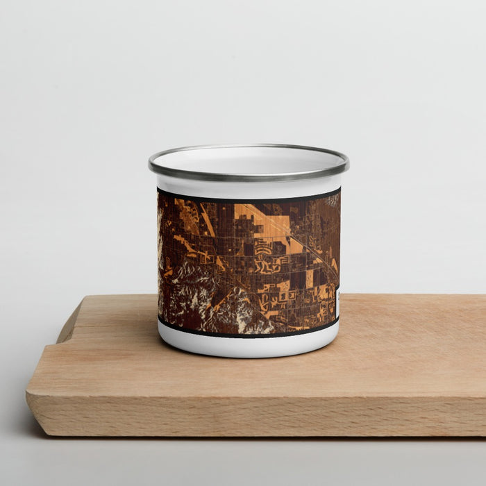 Front View Custom Cathedral City California Map Enamel Mug in Ember on Cutting Board