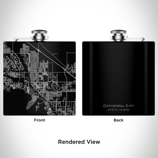 Rendered View of Cathedral City California Map Engraving on 6oz Stainless Steel Flask in Black