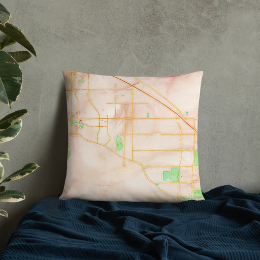Custom Cathedral City California Map Throw Pillow in Watercolor on Bedding Against Wall