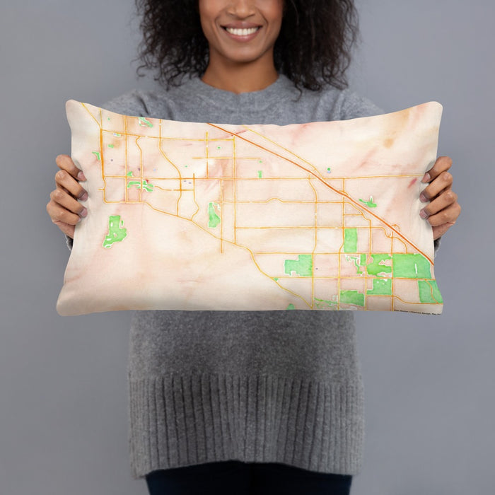 Person holding 20x12 Custom Cathedral City California Map Throw Pillow in Watercolor