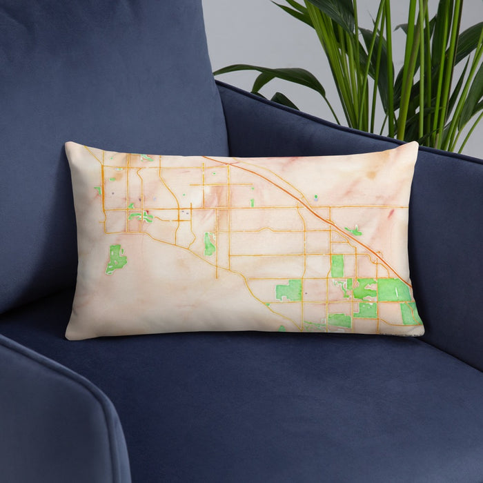 Custom Cathedral City California Map Throw Pillow in Watercolor on Blue Colored Chair