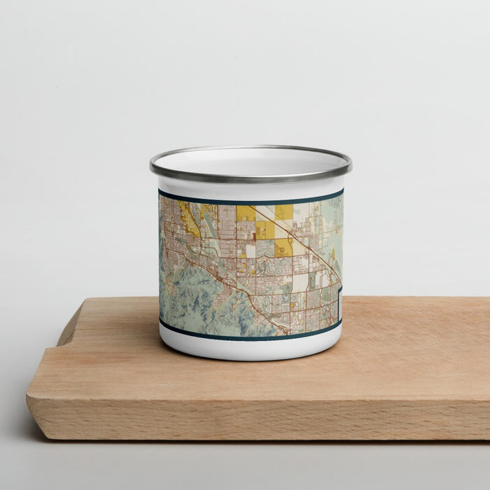 Front View Custom Cathedral City California Map Enamel Mug in Woodblock on Cutting Board