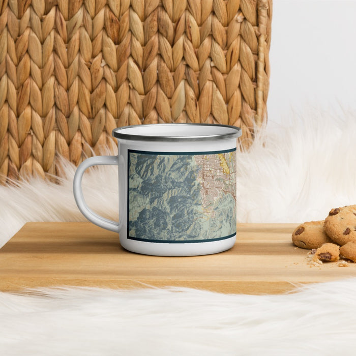 Left View Custom Cathedral City California Map Enamel Mug in Woodblock on Table Top