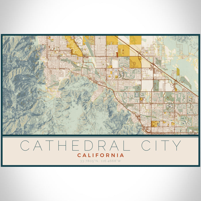 Cathedral City California Map Print Landscape Orientation in Woodblock Style With Shaded Background