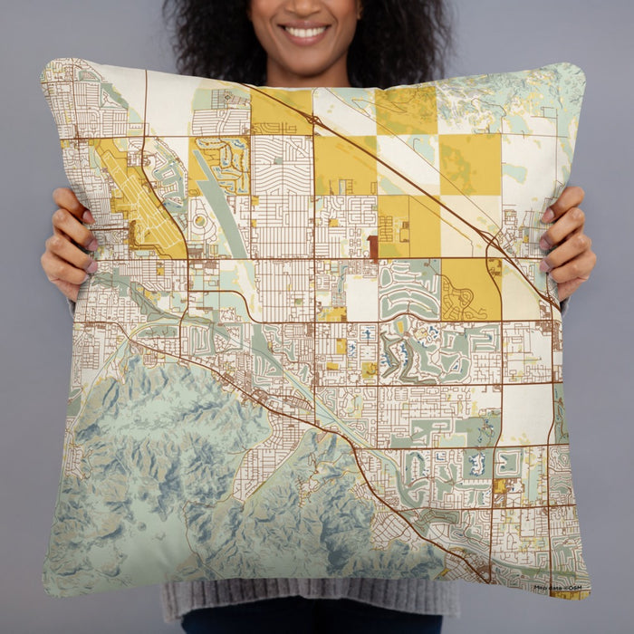 Person holding 22x22 Custom Cathedral City California Map Throw Pillow in Woodblock