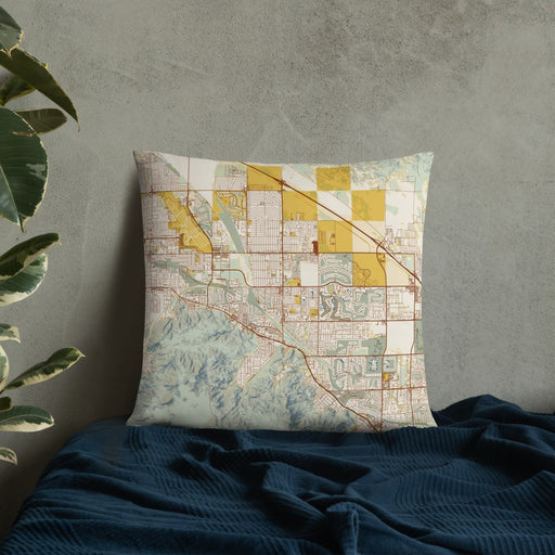 Custom Cathedral City California Map Throw Pillow in Woodblock on Bedding Against Wall