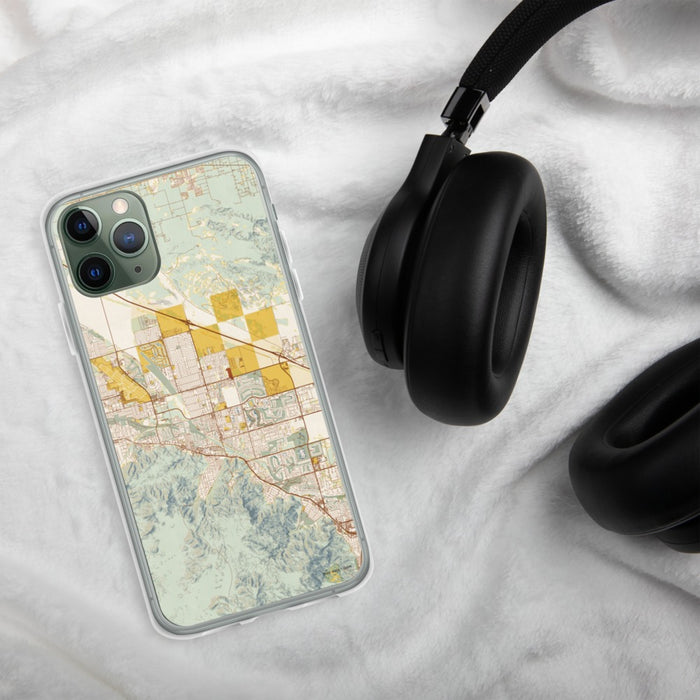 Custom Cathedral City California Map Phone Case in Woodblock on Table with Black Headphones