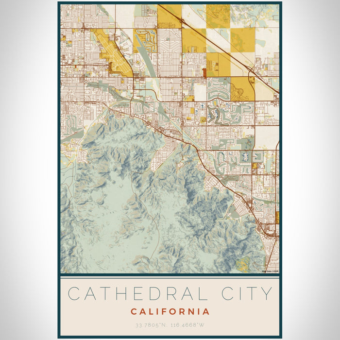 Cathedral City California Map Print Portrait Orientation in Woodblock Style With Shaded Background