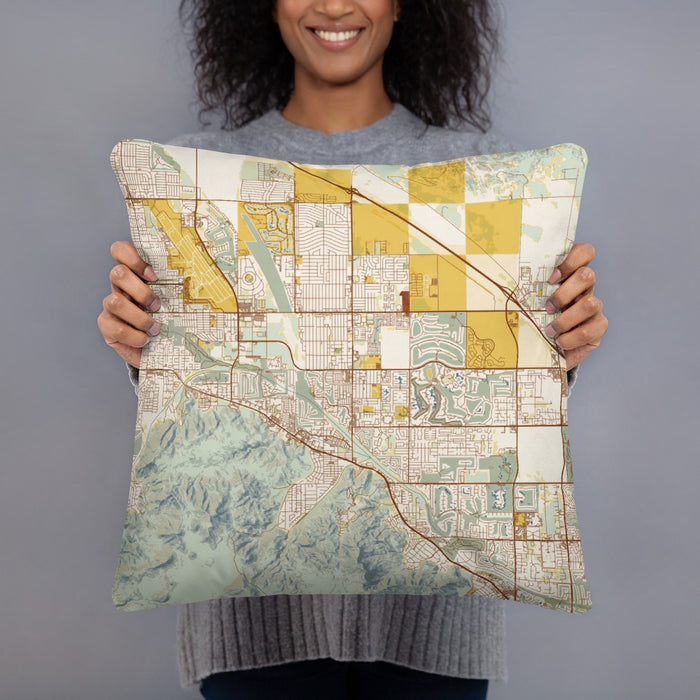 Person holding 18x18 Custom Cathedral City California Map Throw Pillow in Woodblock