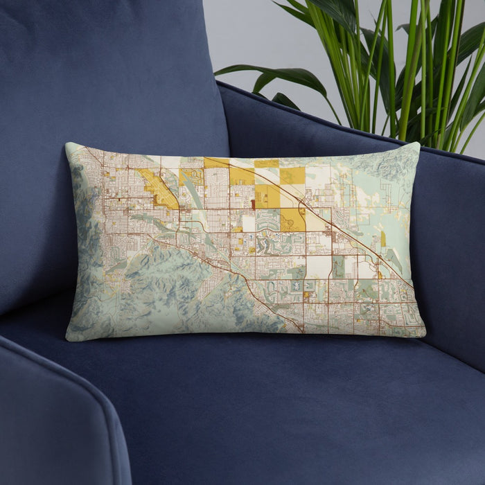 Custom Cathedral City California Map Throw Pillow in Woodblock on Blue Colored Chair