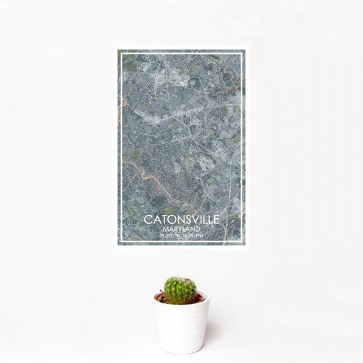 12x18 Catonsville Maryland Map Print Portrait Orientation in Afternoon Style With Small Cactus Plant in White Planter