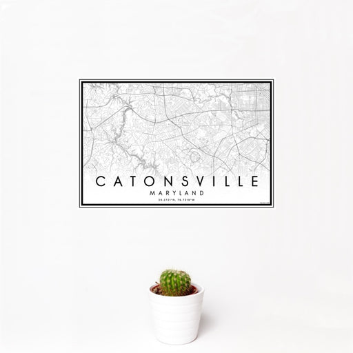 12x18 Catonsville Maryland Map Print Landscape Orientation in Classic Style With Small Cactus Plant in White Planter