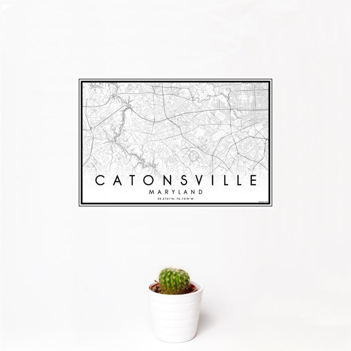 12x18 Catonsville Maryland Map Print Landscape Orientation in Classic Style With Small Cactus Plant in White Planter