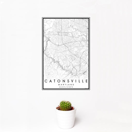 12x18 Catonsville Maryland Map Print Portrait Orientation in Classic Style With Small Cactus Plant in White Planter