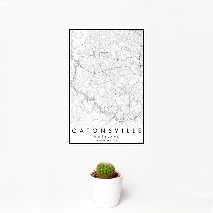 12x18 Catonsville Maryland Map Print Portrait Orientation in Classic Style With Small Cactus Plant in White Planter