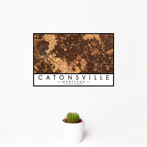12x18 Catonsville Maryland Map Print Landscape Orientation in Ember Style With Small Cactus Plant in White Planter