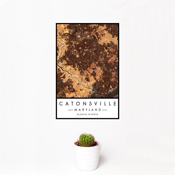12x18 Catonsville Maryland Map Print Portrait Orientation in Ember Style With Small Cactus Plant in White Planter