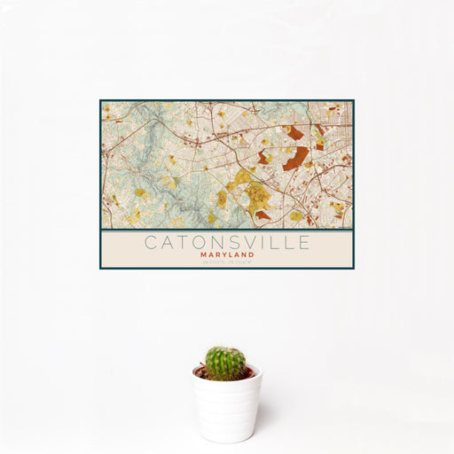 12x18 Catonsville Maryland Map Print Landscape Orientation in Woodblock Style With Small Cactus Plant in White Planter