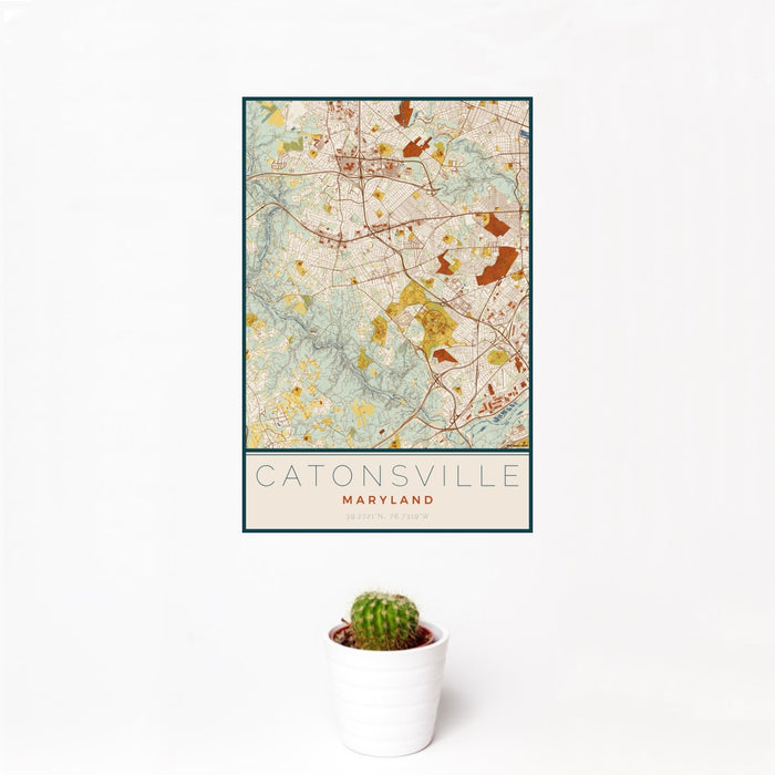 12x18 Catonsville Maryland Map Print Portrait Orientation in Woodblock Style With Small Cactus Plant in White Planter