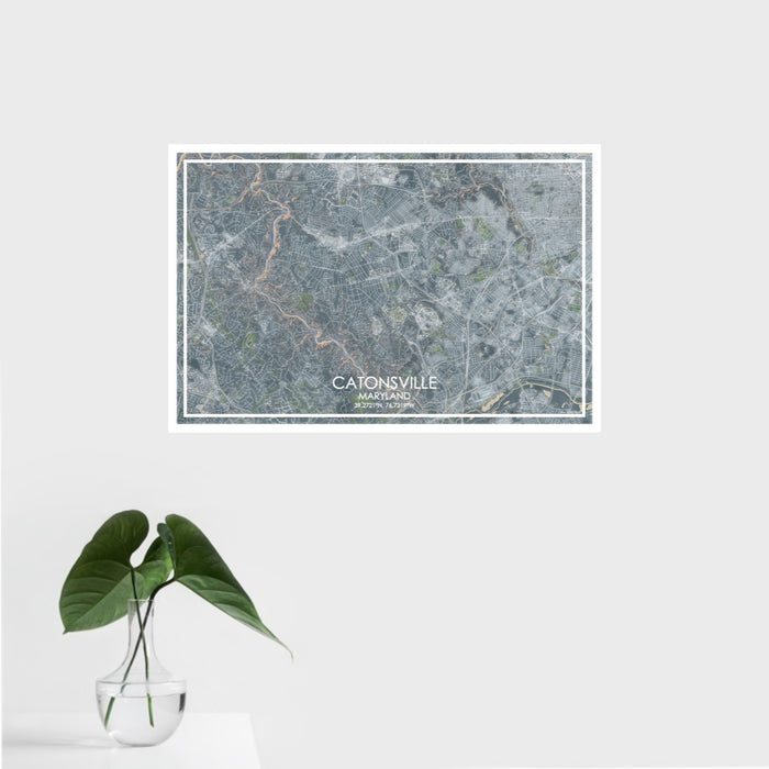 16x24 Catonsville Maryland Map Print Landscape Orientation in Afternoon Style With Tropical Plant Leaves in Water