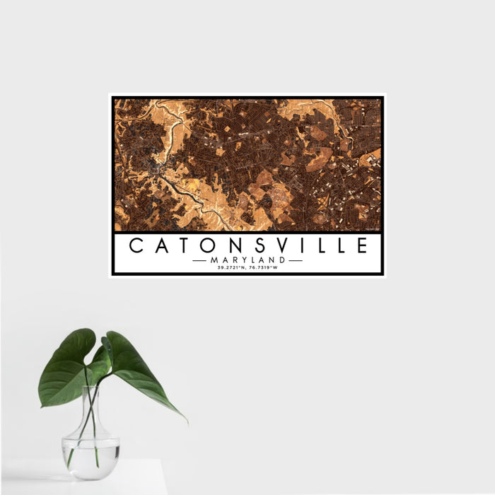 16x24 Catonsville Maryland Map Print Landscape Orientation in Ember Style With Tropical Plant Leaves in Water