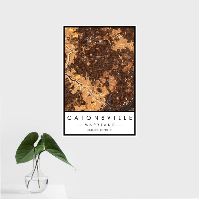 16x24 Catonsville Maryland Map Print Portrait Orientation in Ember Style With Tropical Plant Leaves in Water