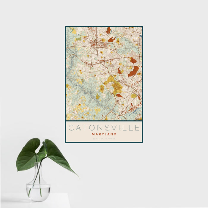 16x24 Catonsville Maryland Map Print Portrait Orientation in Woodblock Style With Tropical Plant Leaves in Water