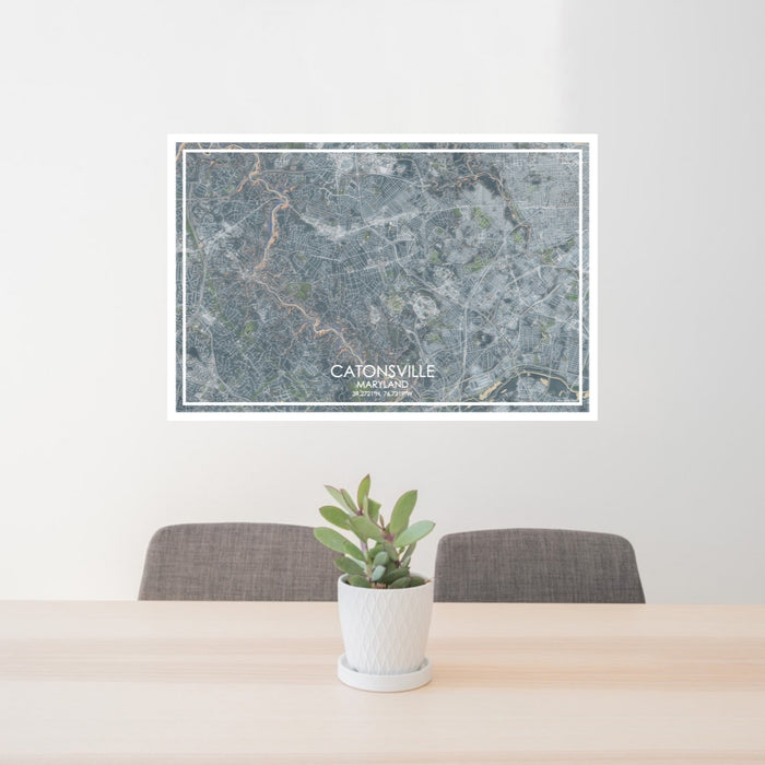 24x36 Catonsville Maryland Map Print Lanscape Orientation in Afternoon Style Behind 2 Chairs Table and Potted Plant