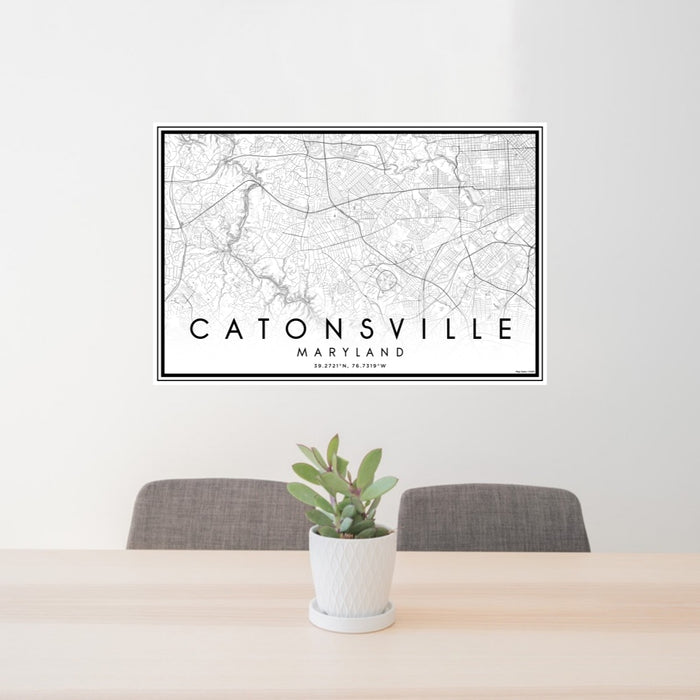 24x36 Catonsville Maryland Map Print Lanscape Orientation in Classic Style Behind 2 Chairs Table and Potted Plant