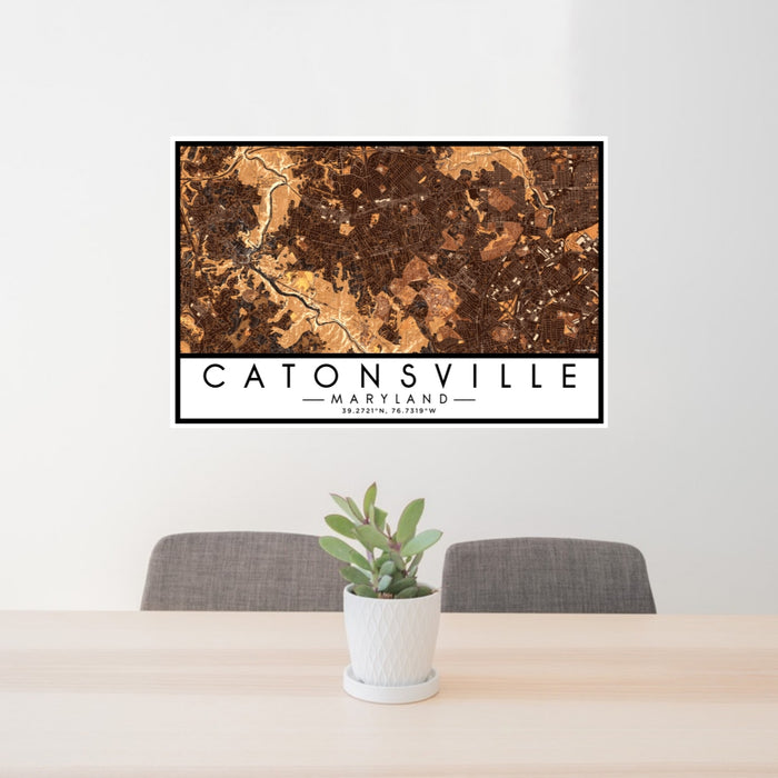 24x36 Catonsville Maryland Map Print Lanscape Orientation in Ember Style Behind 2 Chairs Table and Potted Plant