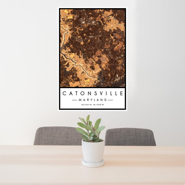 24x36 Catonsville Maryland Map Print Portrait Orientation in Ember Style Behind 2 Chairs Table and Potted Plant