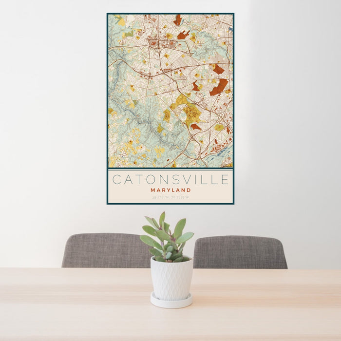24x36 Catonsville Maryland Map Print Portrait Orientation in Woodblock Style Behind 2 Chairs Table and Potted Plant