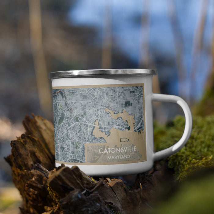 Right View Custom Catonsville Maryland Map Enamel Mug in Afternoon on Grass With Trees in Background