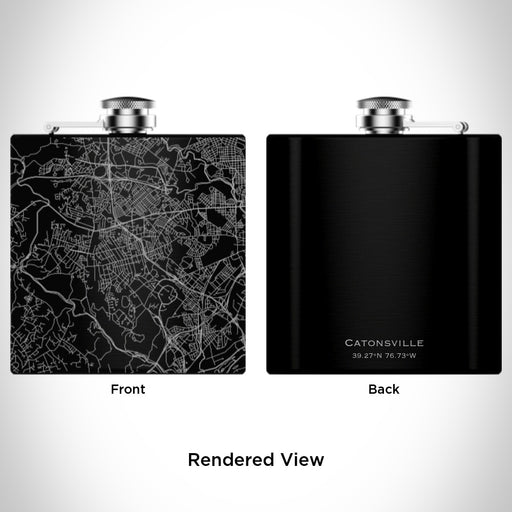 Rendered View of Catonsville Maryland Map Engraving on 6oz Stainless Steel Flask in Black