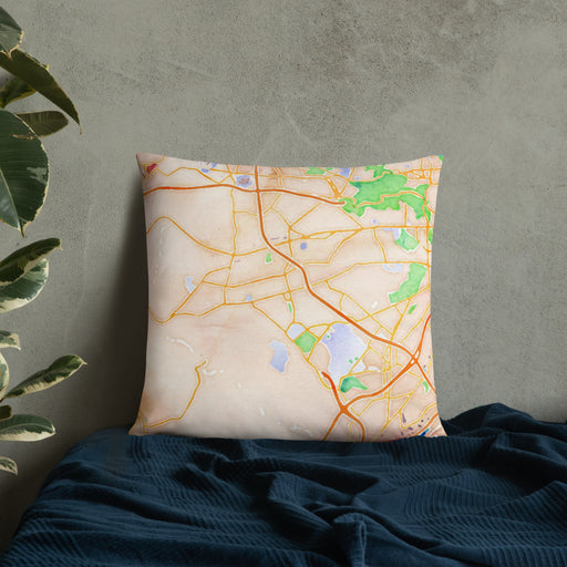 Custom Catonsville Maryland Map Throw Pillow in Watercolor on Bedding Against Wall