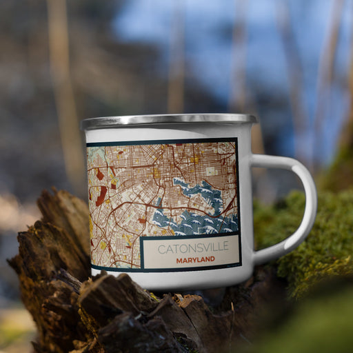 Right View Custom Catonsville Maryland Map Enamel Mug in Woodblock on Grass With Trees in Background