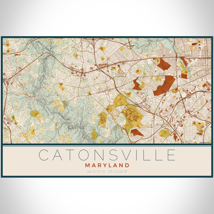 Catonsville Maryland Map Print Landscape Orientation in Woodblock Style With Shaded Background