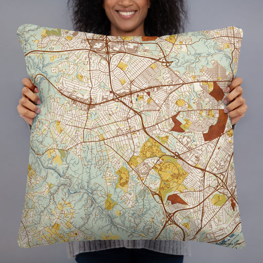 Person holding 22x22 Custom Catonsville Maryland Map Throw Pillow in Woodblock