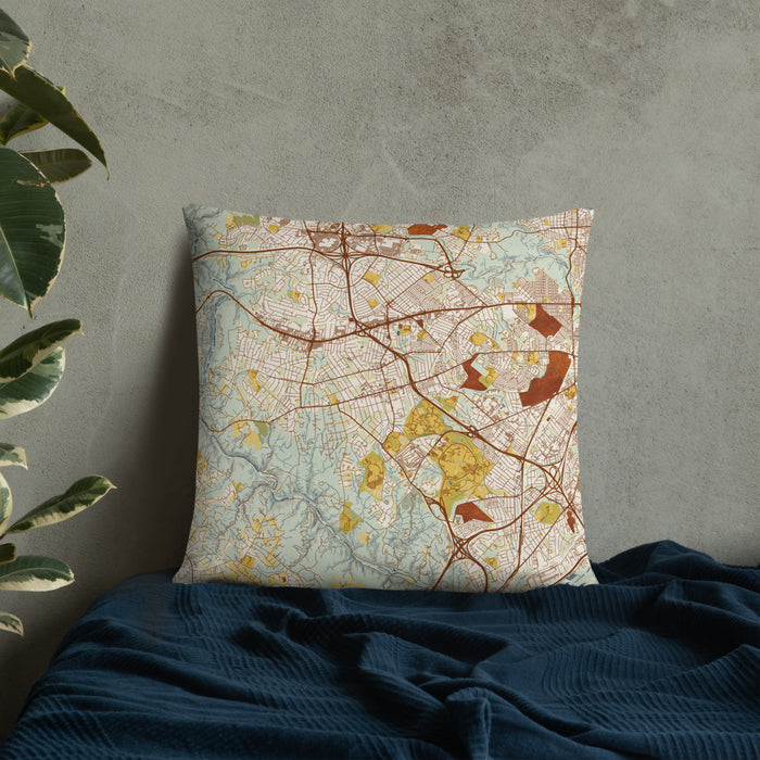 Custom Catonsville Maryland Map Throw Pillow in Woodblock on Bedding Against Wall