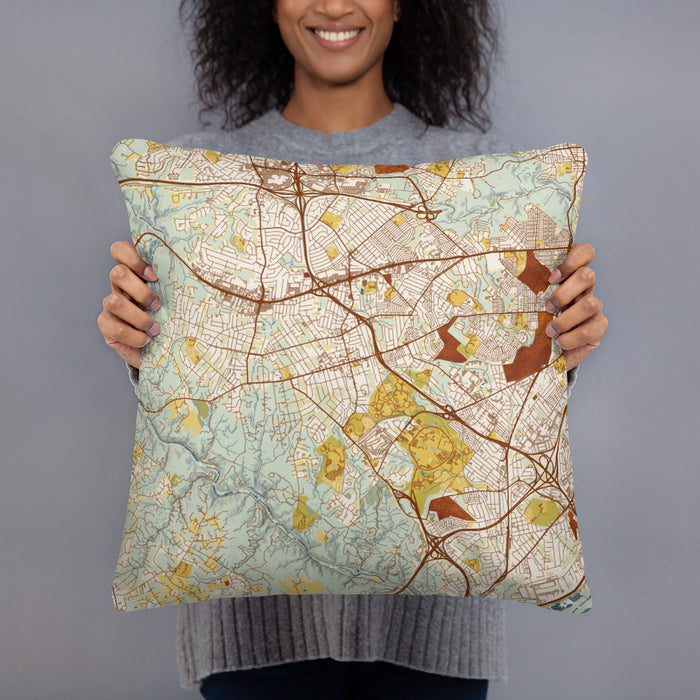 Person holding 18x18 Custom Catonsville Maryland Map Throw Pillow in Woodblock