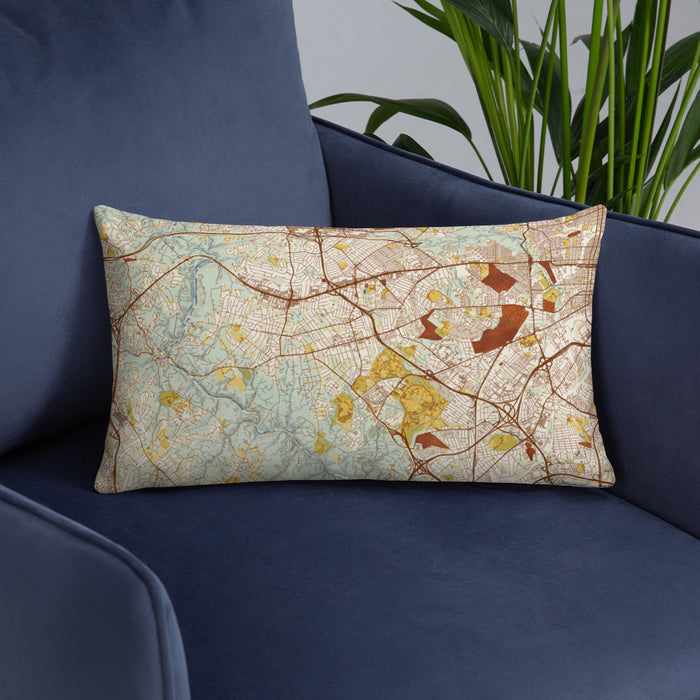 Custom Catonsville Maryland Map Throw Pillow in Woodblock on Blue Colored Chair