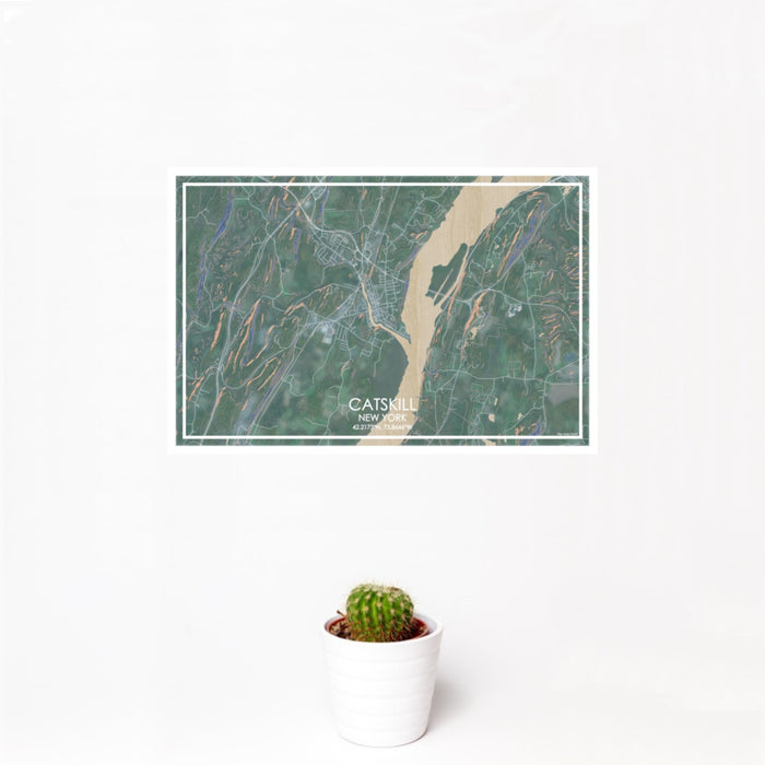 12x18 Catskill New York Map Print Landscape Orientation in Afternoon Style With Small Cactus Plant in White Planter