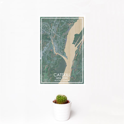 12x18 Catskill New York Map Print Portrait Orientation in Afternoon Style With Small Cactus Plant in White Planter
