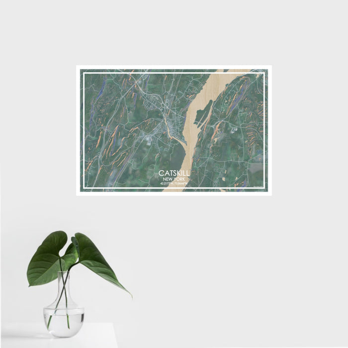 16x24 Catskill New York Map Print Landscape Orientation in Afternoon Style With Tropical Plant Leaves in Water