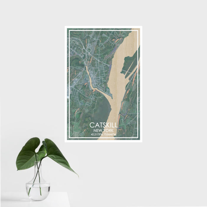 16x24 Catskill New York Map Print Portrait Orientation in Afternoon Style With Tropical Plant Leaves in Water